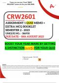 CRW2601 ASSIGNMENT 1 QUIZ MEMO - SEMESTER 2 - 2023 - UNISA - (INCLUDES 80 PAGES MCQ BOOKLET WITH ANSWERS - DISTINCTION GUARANTEED) – DUE DATE: - 18 AUGUST 2023